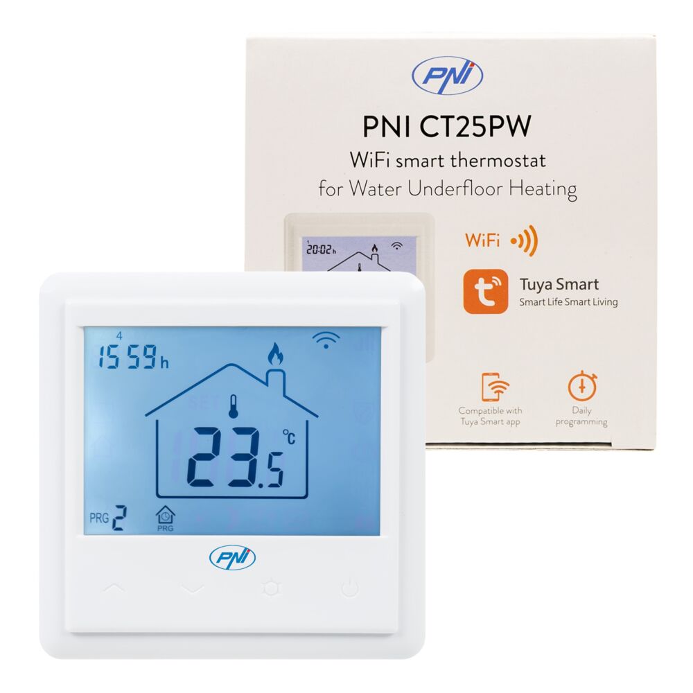 PNI CT25PW WiFi termostato inteligente incorporado, control de internet,  calefacción de agua por suelo radiante, actuadores, bombas, caldera,  aplicación móvil Tuya Smart, integración en escenarios inteligentes con  otros productos compatibles Tuya, Alexa