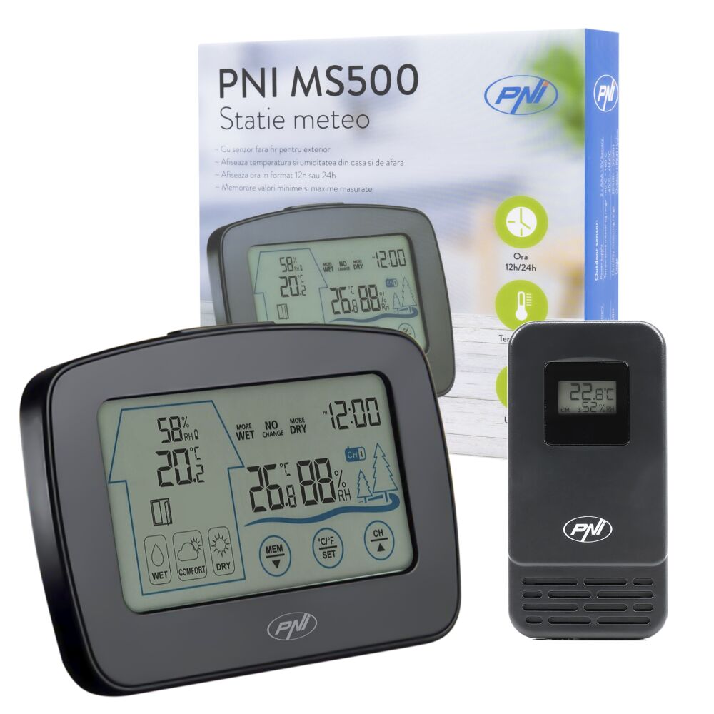 Estación meteorológica PNI MS500 con sensor externo inalámbrico, muestra  temperatura y humedad interior y exterior, memoria de valores climáticos  mínimos y máximos