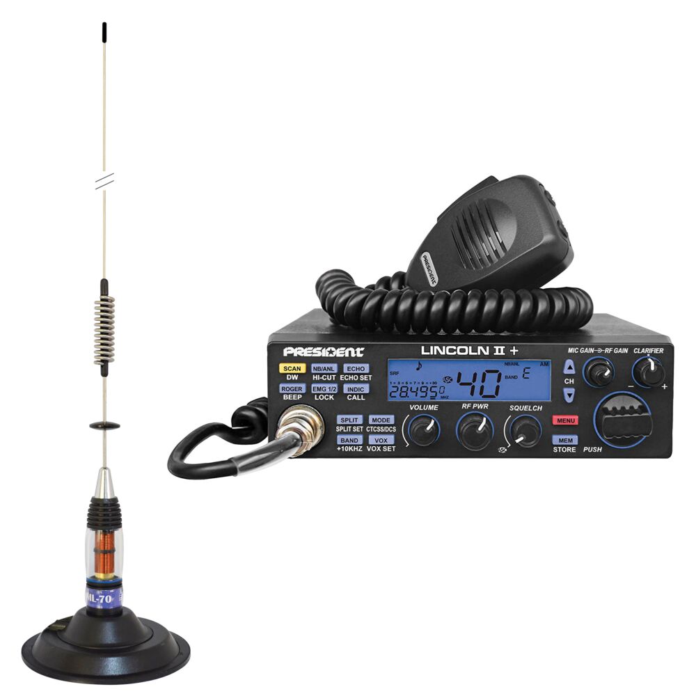 Kit Radio CB President LINCOLN II + Antena CB PNI ML70, longitud 70cm,  26-30MHz, 200W