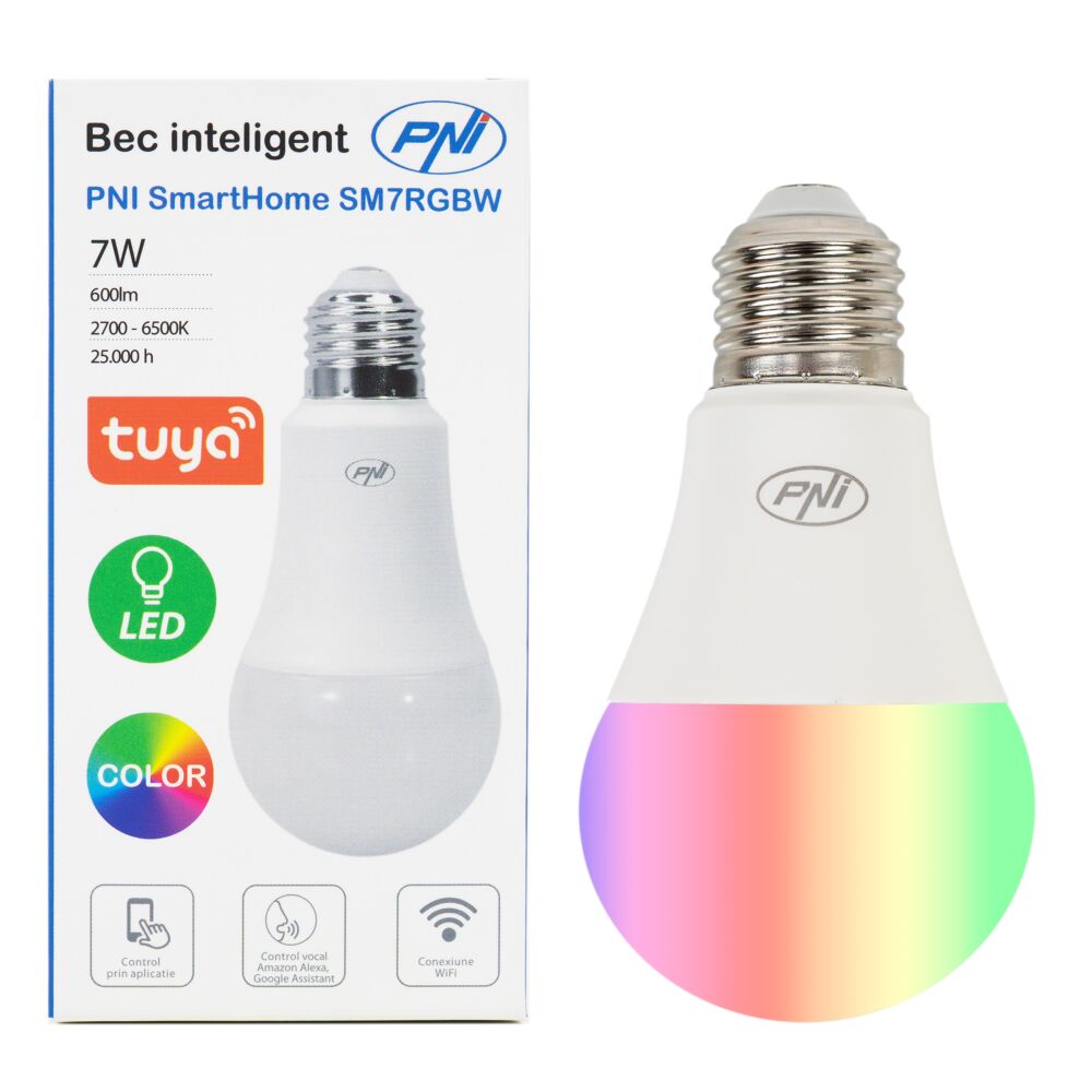 PNI SmartHome SM7RGBW Bombilla LED 7W RGBW ajustable, WiFi programable,  control de internet, aplicación Tuya Smart, compatible con  Alexa y Google  Home