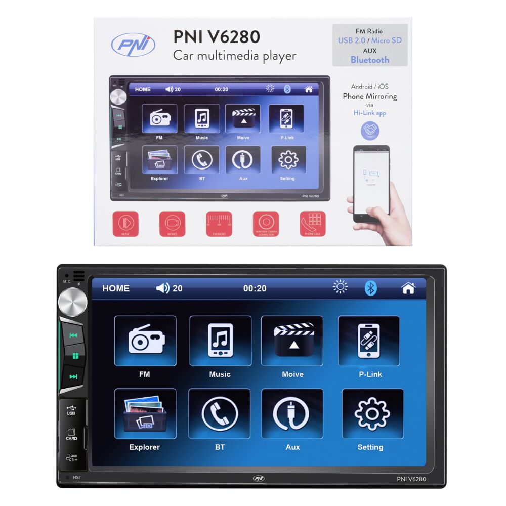 Reproductor multimedia para coche PNI V6280 con pantalla táctil, función  Bluetooth, función Mirror Link Android / iOS USB, ranura micro SD, entrada  AUX, 2 DIN, entrada de cámara de marcha atrás