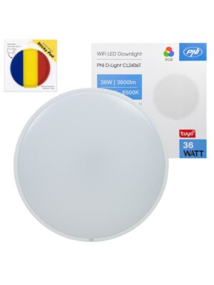 Lámpara de techo LED Wi-Fi PNI D-Light CL2436T, RGBW, 36 W, regulable, con almohadilla adhesiva azul incluida.