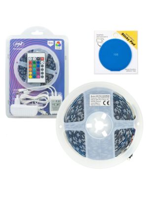 Paquete de tiras LED PNI 5050RGB 300 LEDs, RGB, regulable, luces, 5 metros, IP20 y Sticky Pad Blue incluidos