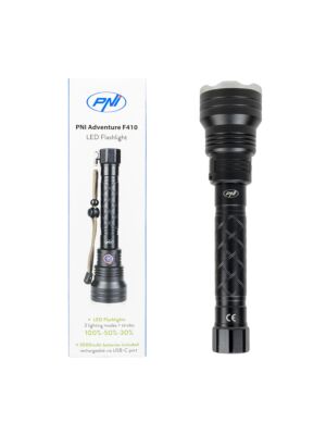 Linterna PNI Adventure F410 de aluminio, con LED de 10W, 700 lúmenes, hasta 250 m, IP44, USB Tipo C, baterías de 3000mAh en
