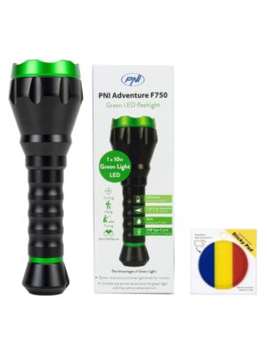 Linterna PNI Adventure F750 de aluminio con luz verde y bandera adhesiva incluida.