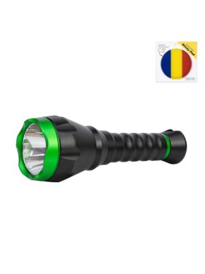 Linterna PNI Adventure F750 de aluminio con luz verde y bandera adhesiva incluida.