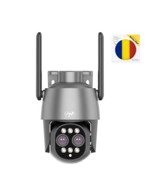 Cámara de videovigilancia Paxhet PNI House IP574 con Wi-Fi, PTZ, doble lente y bandera adhesiva incluida.
