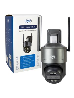 Cámara de videovigilancia PNI House IP578 con Wi-Fi, PTZ, lente dual 8MP + 8MP, zoom óptico 10X
