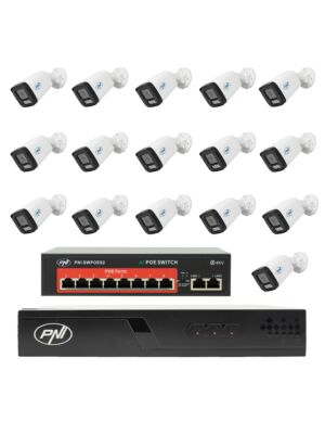 Paquete de videovigilancia con 16 cámaras, interruptor y cables.