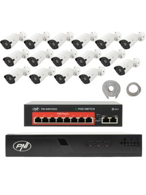 Paquete de videovigilancia con 16 cámaras, interruptor y cables.