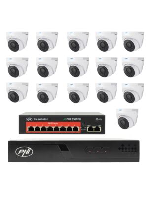 Paquete de videovigilancia con 16 cámaras, interruptor y cables.