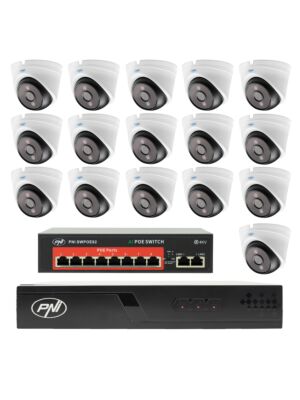 Paquete de videovigilancia con 16 cámaras, interruptor y cables.