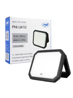 Lámpara LED de trabajo PNI LW10 10W, portátil, recargable, con batería 2 x 18650 4000mAh, 6500K, IP54, 700 lm, 2 niveles.