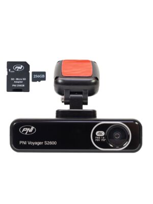 Paquete de cámara para coche PNI Voyager S2600 DVR, WiFi, 4K Ultra HD, GPS y tarjeta de memoria microSD de 256 GB incluidos.