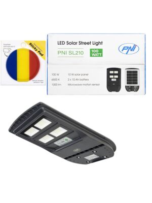 Paquete de lámpara de alumbrado público PNI SL210 de 100 W, con panel solar integrado de 10 W y bandera adhesiva incluida.