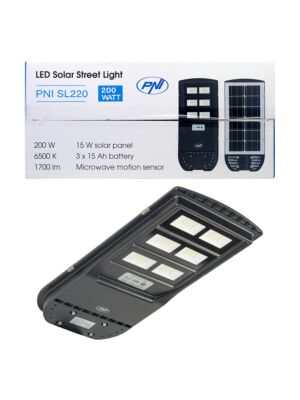 Lámpara de alumbrado público PNI SL220 13W, con panel solar incorporado 15W, 6500K, 1700lm, 3 x batería incorporada de 15Ah, s