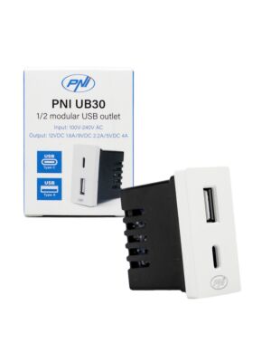 Toma de corriente 2 x USB PNI UB30, USB-A USB-C, 12V/9V/5V, máx. 20W, modular, tipo F 1/2, montaje empotrado
