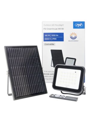 Proyector LED PNI GreenHouse WS100 de 100 W con panel solar, batería de 10000 mAh, control remoto, temporización y brillo ajustables.
