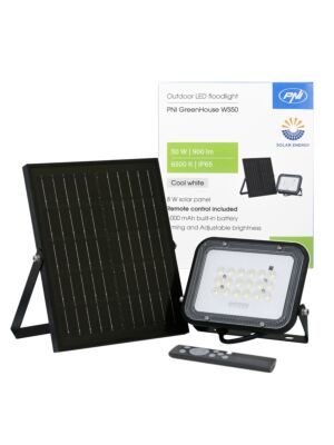 Reflector LED PNI GreenHouse WS50 50W con panel solar, batería de 6000mAh, mando a distancia, temporización y brillo regulables,