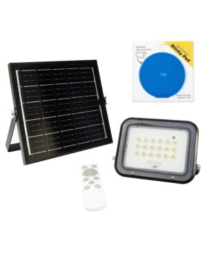 Paquete de reflector LED PNI GreenHouse WS50 PRO de 50 W con panel solar de 6 W y almohadilla adhesiva azul incluida.