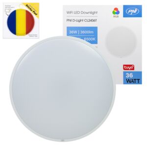 Lámpara de techo LED Wi-Fi PNI D-Light CL2436T, RGBW, 36 W, regulable, con almohadilla adhesiva azul incluida.