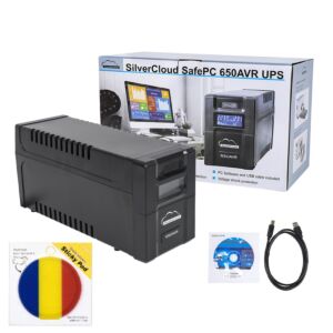 Paquete de SAI SilverCloud SafePC 650AVR, 360 W de potencia y bandera adhesiva incluida.