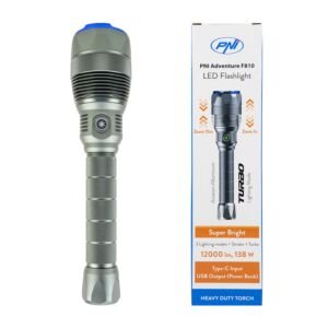 Linterna PNI Adventure F810 con LED 138 W, 3 niveles de iluminación más Turbo, 12000 lúmenes, zoom, hasta 250 m, funciona con pilas