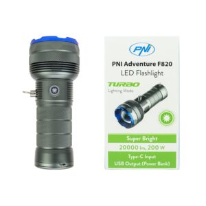 Linterna PNI Adventure F820 200 W, 3 niveles de iluminación más Turbo, 20.000 lúmenes, hasta 350 m, batería de 2600 mAh, I