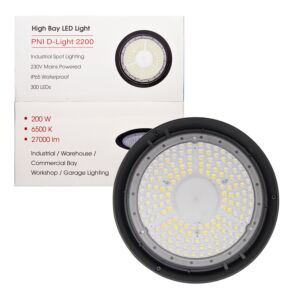 PNI D-Light 2200 LED Lámpara de gran altura, 200W, 27000lm, 6500K, 230 V Fuente de alimentación, IP65, para iluminación industrial de spa