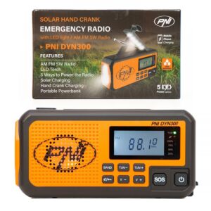 Radio portátil PNI DYN300, con dinamo, carga solar, linterna, powerbank 4000 mAh, SOS, naranja