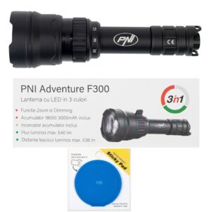 Linterna PNI Adventure F300 con LED de 3 colores (blanco, rojo y verde), potencia máxima de 10 W, clasificación IPX6 y almohadilla adhesiva azul incluida.