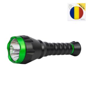 Linterna PNI Adventure F750 de aluminio con luz verde y bandera adhesiva incluida.
