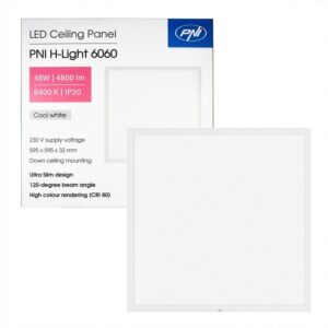 Panel LED PNI H-Light 6060 48W, 600x600mm, 4800lm, 6400K, interior, empotrable