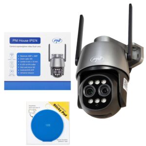 Cámara de videovigilancia Paxhet PNI House IP574 con Wi-Fi, PTZ, doble lente y almohadilla adhesiva azul incluida.