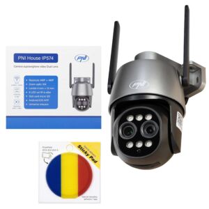 Cámara de videovigilancia Paxhet PNI House IP574 con Wi-Fi, PTZ, doble lente y bandera adhesiva incluida.