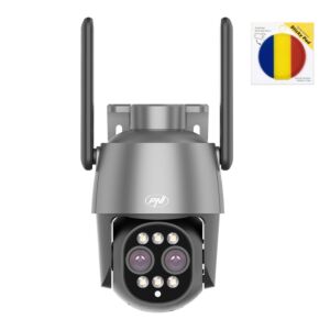 Cámara de videovigilancia Paxhet PNI House IP574 con Wi-Fi, PTZ, doble lente y bandera adhesiva incluida.