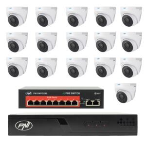 Paquete de videovigilancia con 16 cámaras, interruptor y cables.