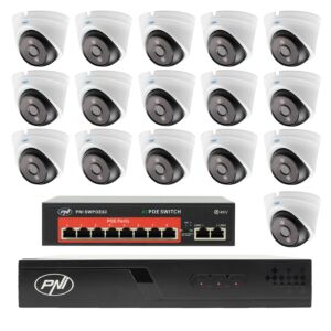 Paquete de videovigilancia con 16 cámaras, interruptor y cables.