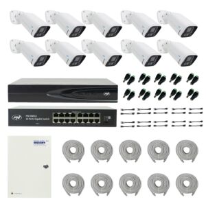 Paquete PNI House IP816 NVR con 10 cámaras PNI IP780 de 4MP, fuente, interruptor, cables, enchufes y divisores