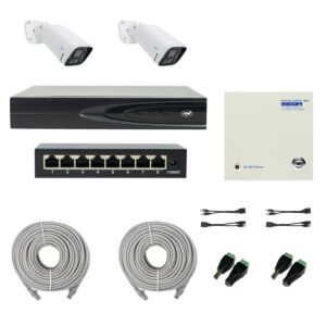 Paquete PNI House IP816 NVR con 2 cámaras PNI IP780 4K, fuente, interruptor, cables, enchufes y divisores