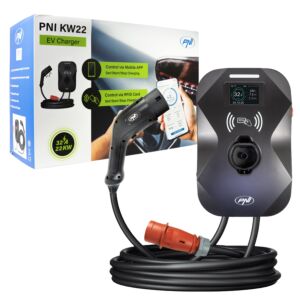 Estación de carga PNI KW22, 32A, 22KW, para coches eléctricos, 85V - 415V, trifásica, cable Tipo 2 y conector de 7 pines