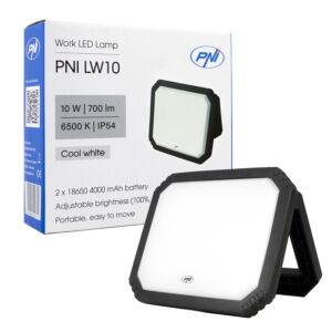 Lámpara LED de trabajo PNI LW10 10W, portátil, recargable, con batería 2 x 18650 4000mAh, 6500K, IP54, 700 lm, 2 niveles.