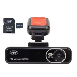 Paquete de cámara para coche PNI Voyager S2600 DVR, WiFi, 4K Ultra HD, GPS y tarjeta de memoria microSD de 256 GB incluidos.