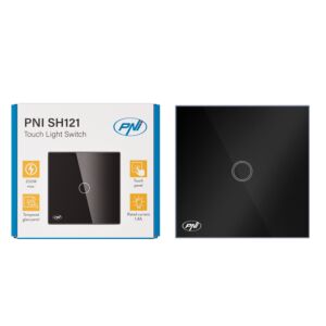 Interruptor simple con toque PNI SH121, fabricado en vidrio, negro, con indicador LED, 10A 200W
