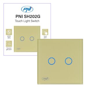 Interruptor doble táctil PNI SH202G de cristal, dorado con indicador LED, color dorado