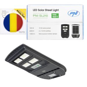 Paquete de lámpara de alumbrado público PNI SL210 de 100 W, con panel solar integrado de 10 W y bandera adhesiva incluida.