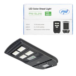 Lámpara de alumbrado público PNI SL210 de 6,5W, con panel solar incorporado de 10W, 6500K, 1000lm, 2 x batería incorporada de 10Ah,
