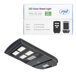 Lámpara de alumbrado público PNI SL210 de 6,5W, con panel solar incorporado de 10W, 6500K, 1000lm, 2 x batería incorporada de 10Ah,