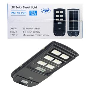 Lámpara de alumbrado público PNI SL220 13W, con panel solar incorporado 15W, 6500K, 1700lm, 3 x batería incorporada de 15Ah, s