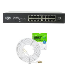 Paquete de conmutadores PNI SW016, 16 x 10/100/1000 Mbps, gigabit, caja metálica y parche CAT8 de 3m PNI U8030W